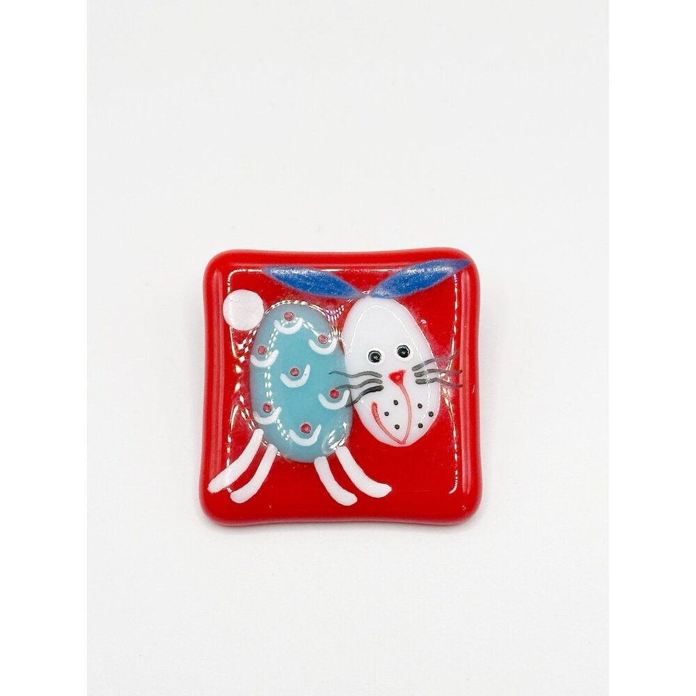 Red & Multicolor Fused Glass Dog Motif Pin Brooch